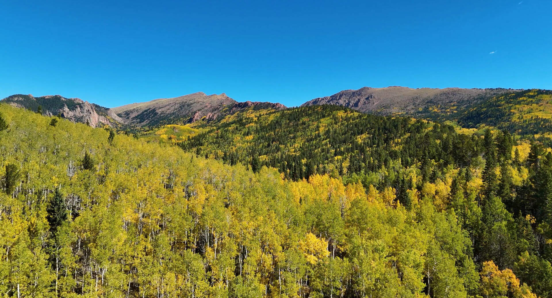 Aspen-covered hills and peaks in the Pikes Peak region in autumn