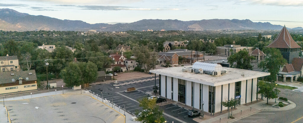 The PPAR office building at 430 N Tejon Street in Colorado Springs, with the Front Range behind it