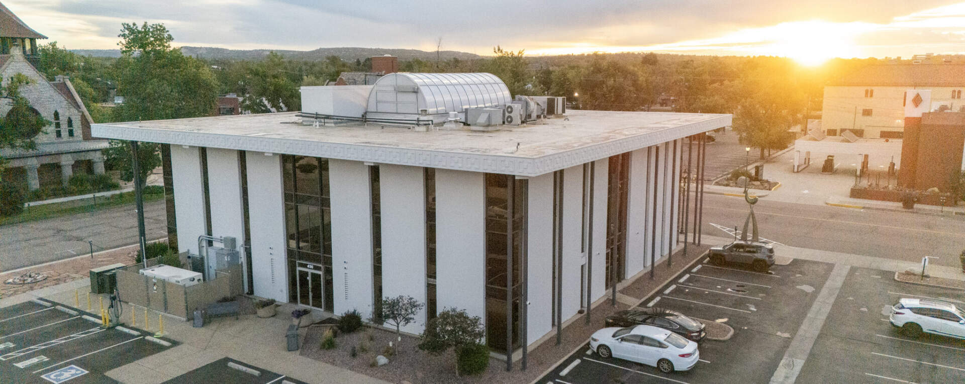 The PPAR office building at 430 N Tejon Street in Colorado Springs at sunset