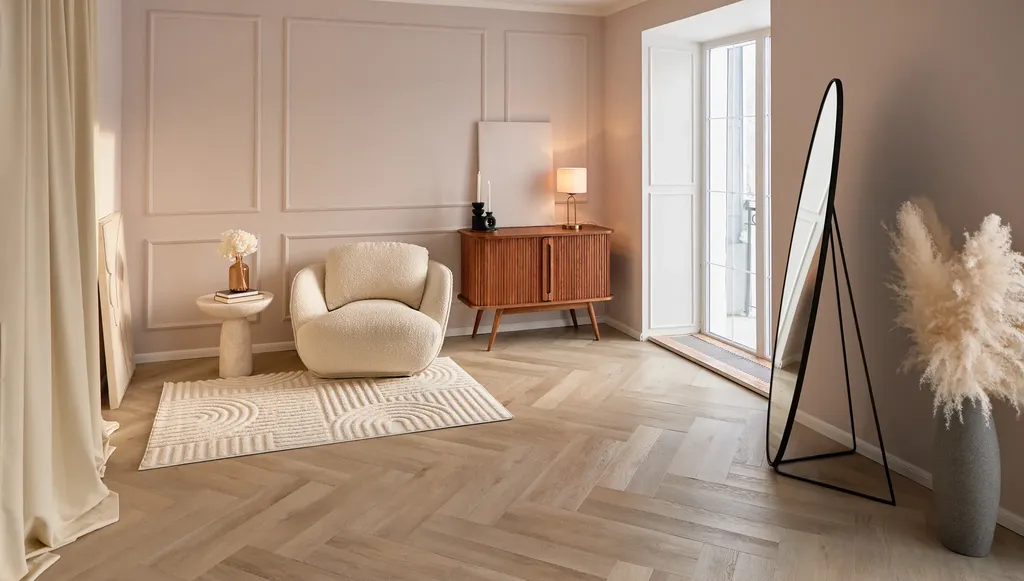 Bright staged living room with a cream armchair, side table and herringbone floor